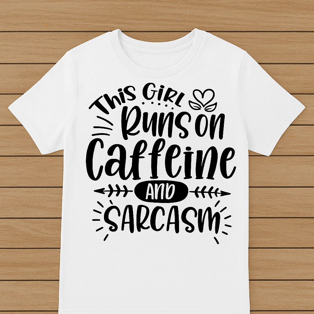 x-This Girl Runs on Caffeine and Sarcasm – Funny Coffee Lover T-Shirt
