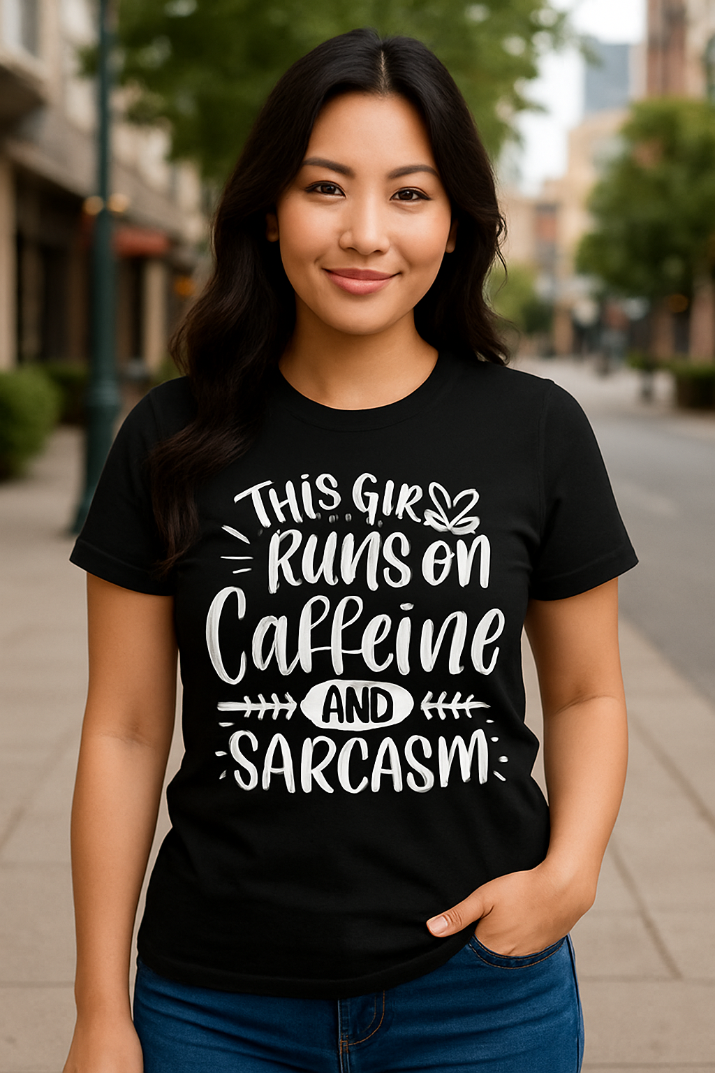x-This Girl Runs on Caffeine and Sarcasm – Funny Coffee Lover T-Shirt