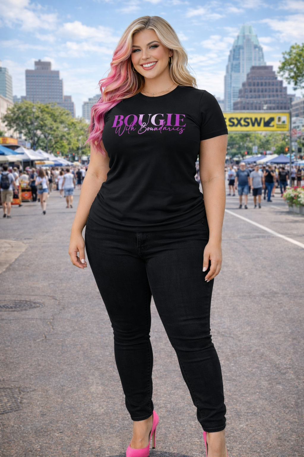aa- 💗 BOUGIE With Boundaries – Ladies Pink Line Premium Shirt | Luxury Feminine Streetwear Tee