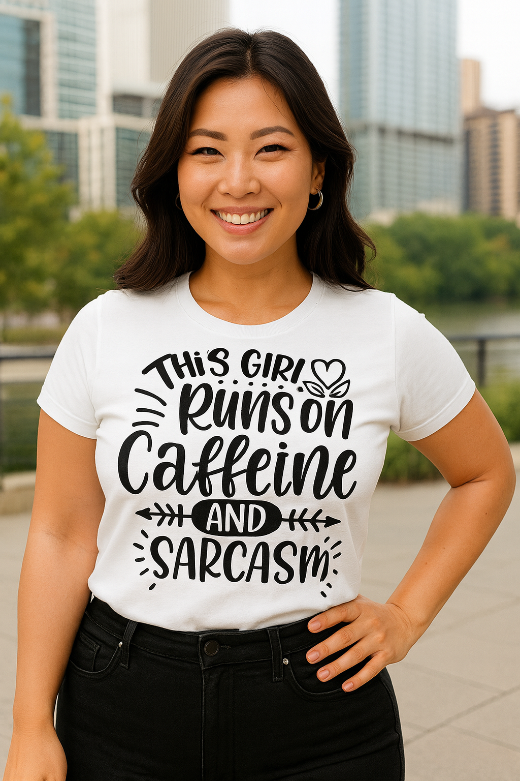 x-This Girl Runs on Caffeine and Sarcasm – Funny Coffee Lover T-Shirt