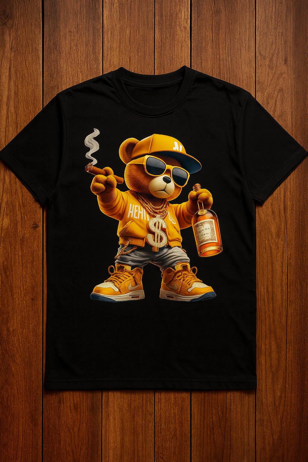 Luxury Henny Bear Graphic Tee – Streetwear Bear with Gold Chain, Cigar, Hip Hop Art