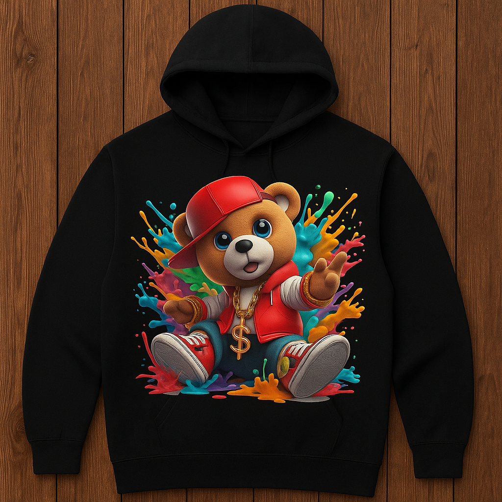 A- Color Splash Teddy Bear DTF Transfer • Streetwear Cartoon Design