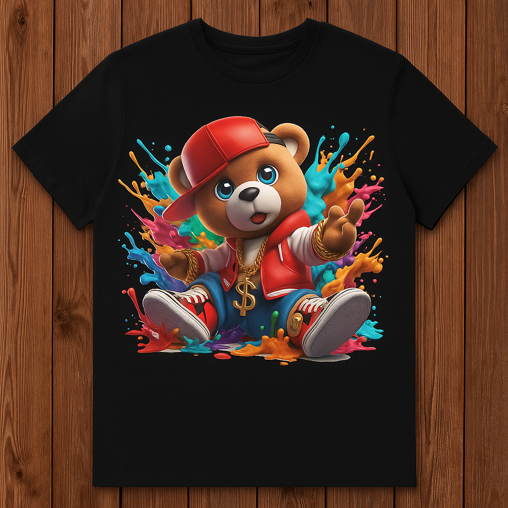 A- Color Splash Teddy Bear DTF Transfer • Streetwear Cartoon Design