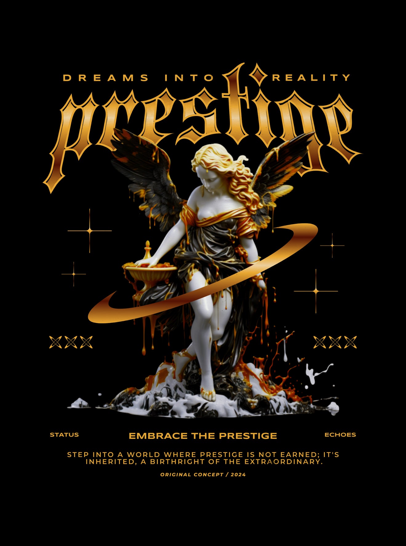 B- Prestige Angel Statue Streetwear Shirt – Luxury Gold Gothic Graphic Tee – High Fashion Urban Art T-Shirt – iSmash_Tees Premium DTF Apparel