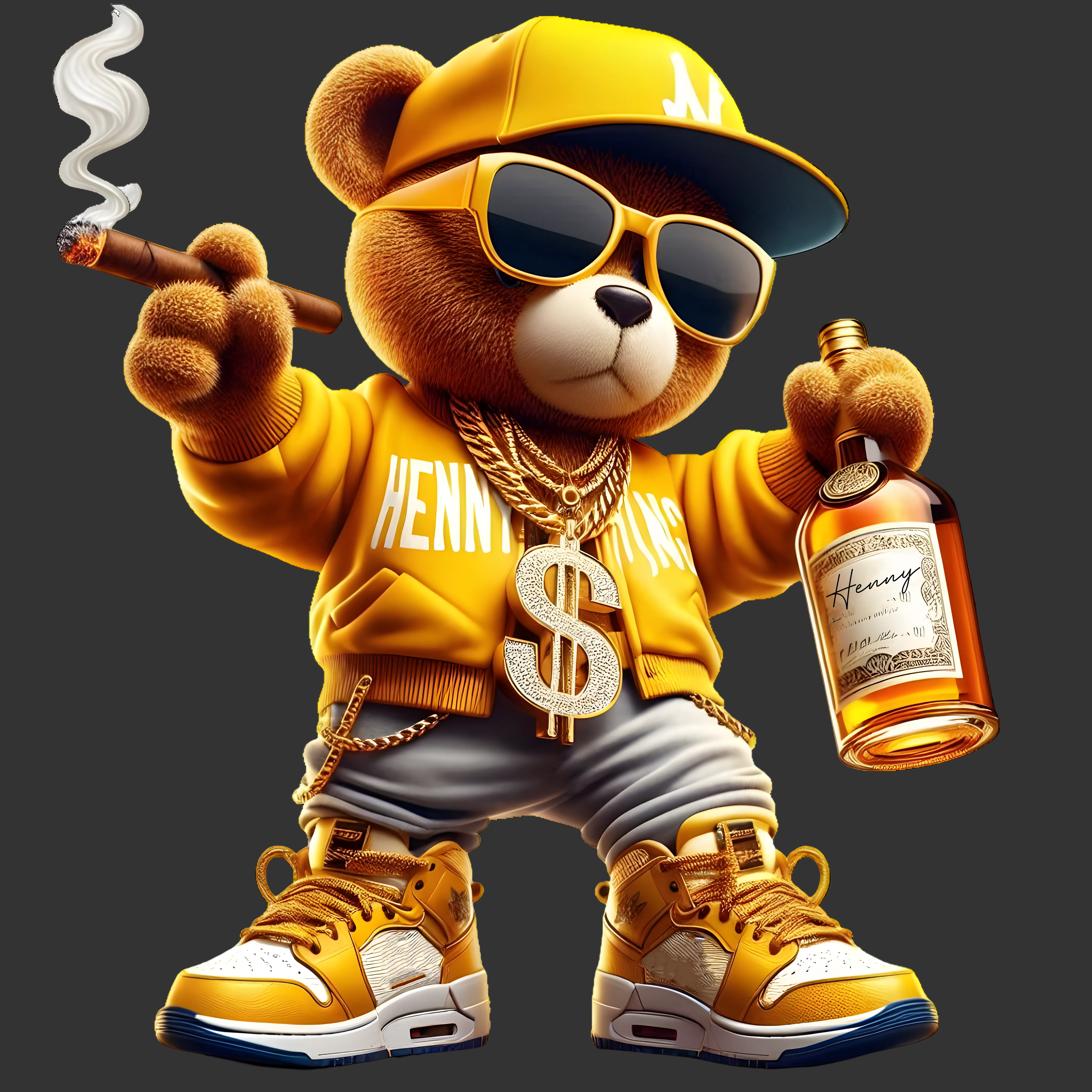 Luxury Henny Bear Graphic Tee – Streetwear Bear with Gold Chain, Cigar, Hip Hop Art