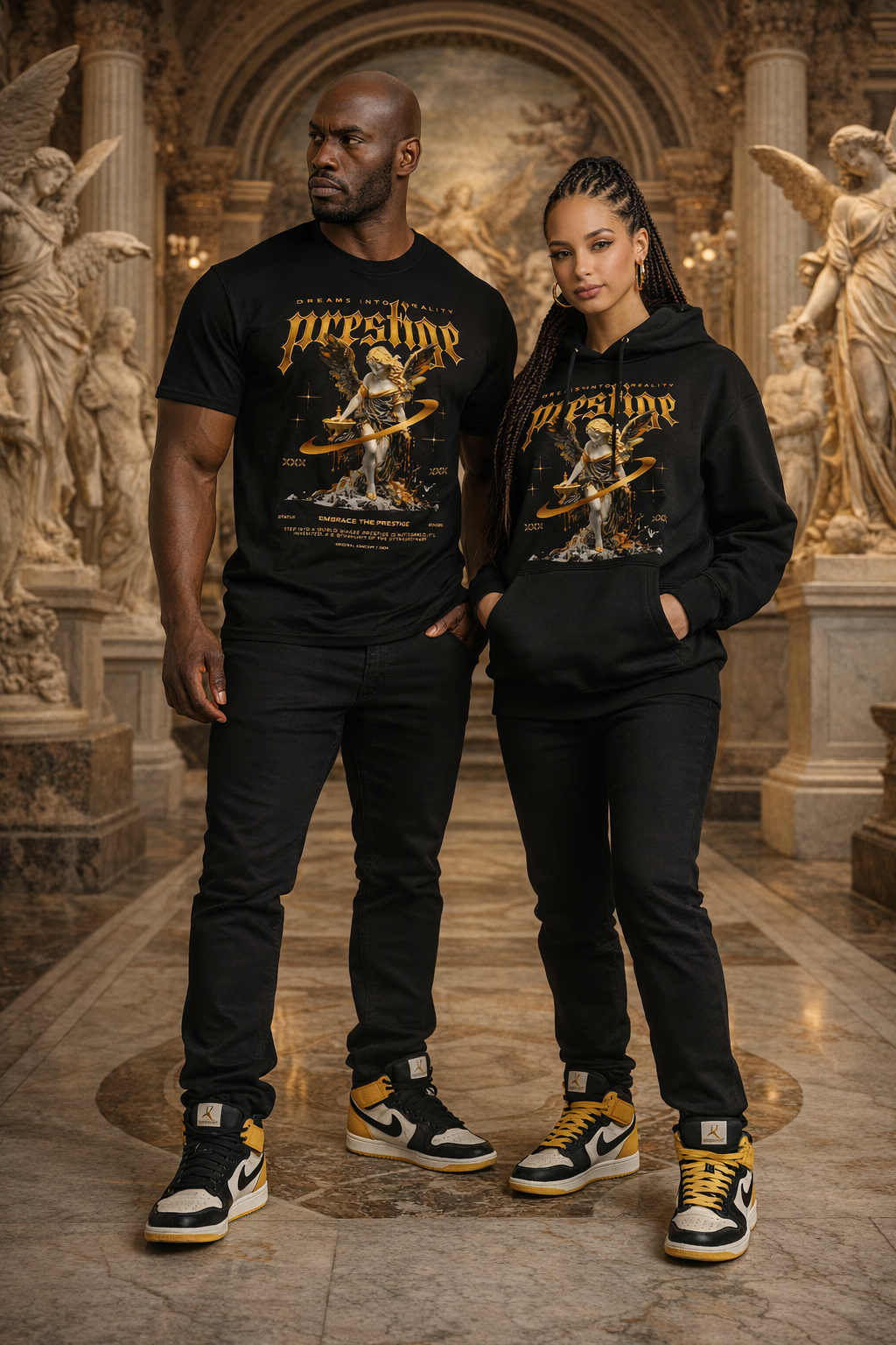 B- Prestige Angel Statue Streetwear Shirt – Luxury Gold Gothic Graphic Tee – High Fashion Urban Art T-Shirt – iSmash_Tees Premium DTF Apparel