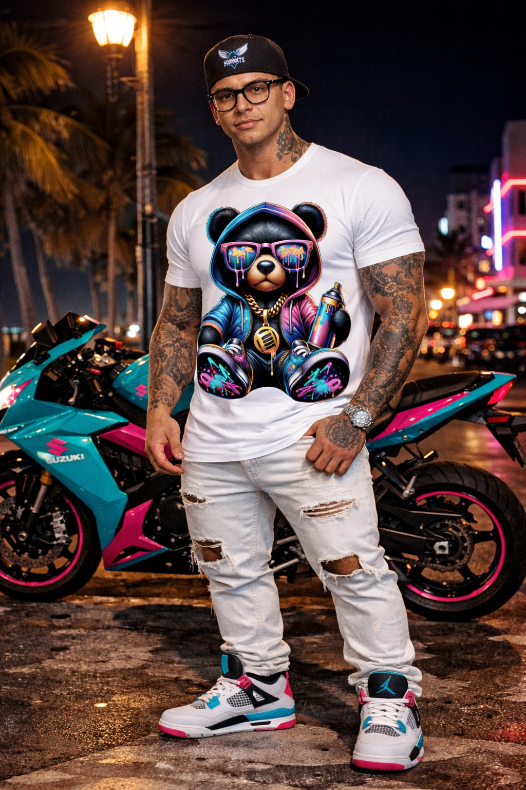 Neon Teddy Bear Graffiti T-Shirt, Streetwear Graphic Tee, Urban Hip Hop Shirt, Jordan Style Outfit Shirt, Spray Paint Bear Shirt, Mens Streetwear Tee, iSmash Tees